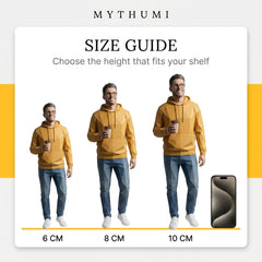 Illustration: size guide showing the faceted low-poly figurine at 6, 8 and 10 cm