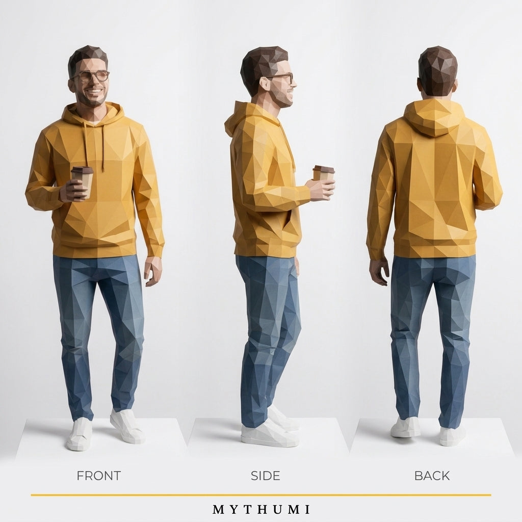 Illustration: front, side and back views of the faceted low-poly figurine