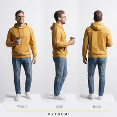 Illustration: front, side and back views of the faceted low-poly figurine