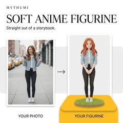 Illustration: before-and-after poster of a photo becoming a storybook watercolour anime figurine