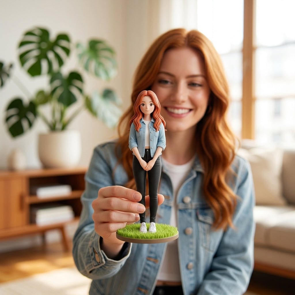 Illustration: a person holding and admiring their storybook watercolour anime figurine at home