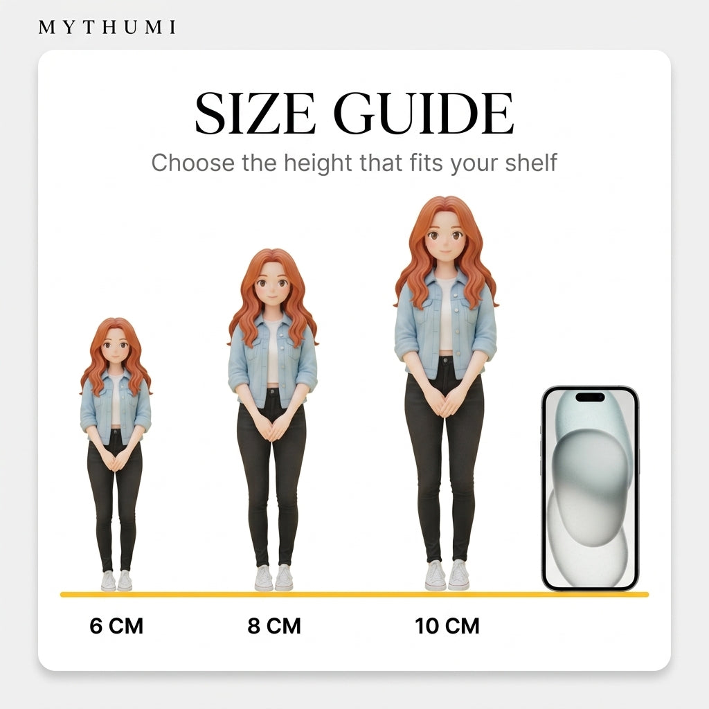 Illustration: size guide showing the storybook watercolour anime figurine at 6, 8 and 10 cm