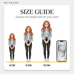 Illustration: size guide showing the storybook watercolour anime figurine at 6, 8 and 10 cm