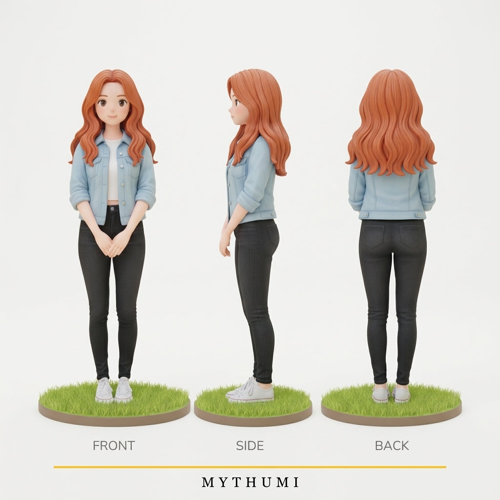 Illustration: front, side and back views of the storybook watercolour anime figurine