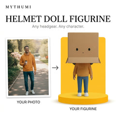 Illustration: before-and-after poster of a photo becoming a helmet doll figurine with an object head