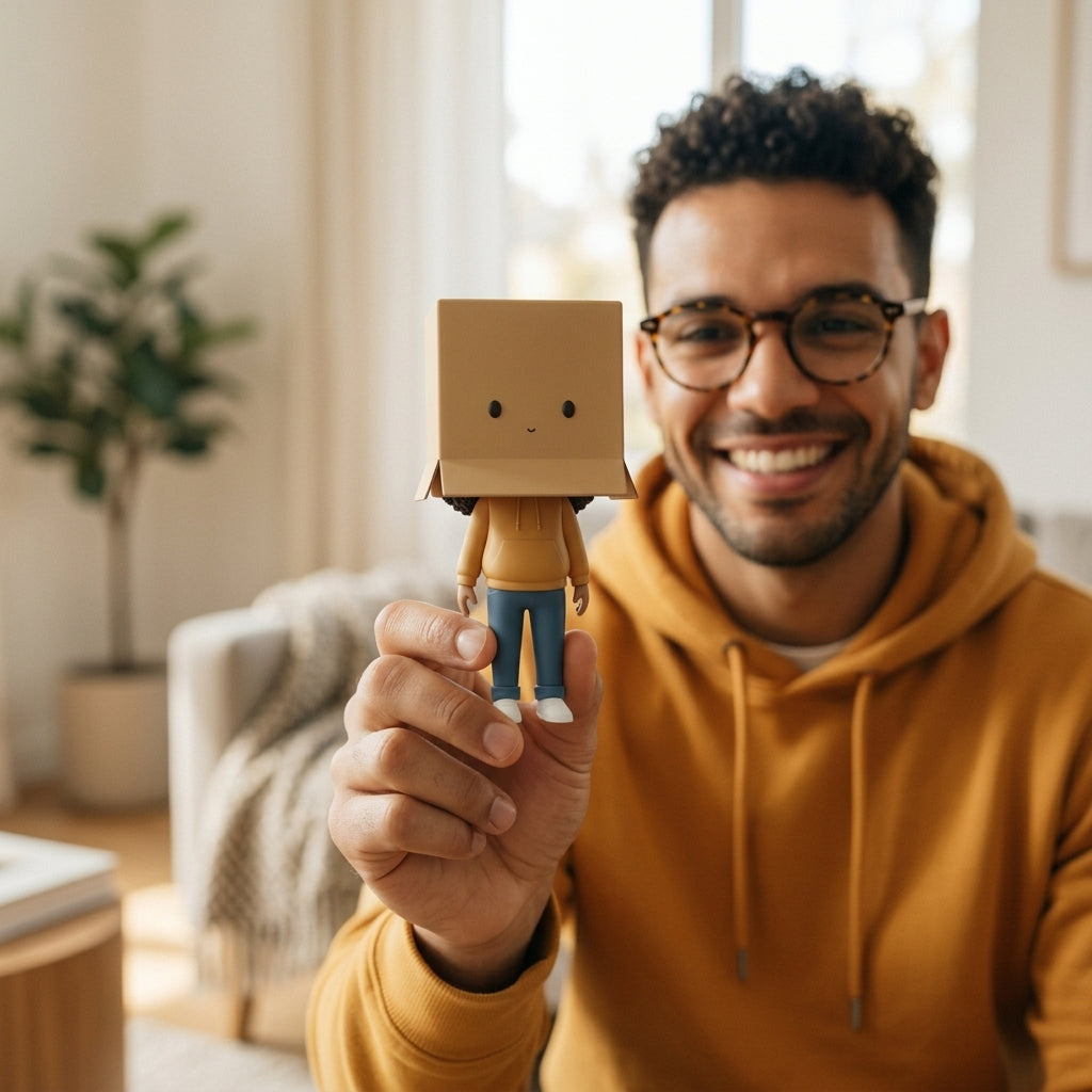 Illustration: a person holding and admiring their helmet doll figurine with an object head at home