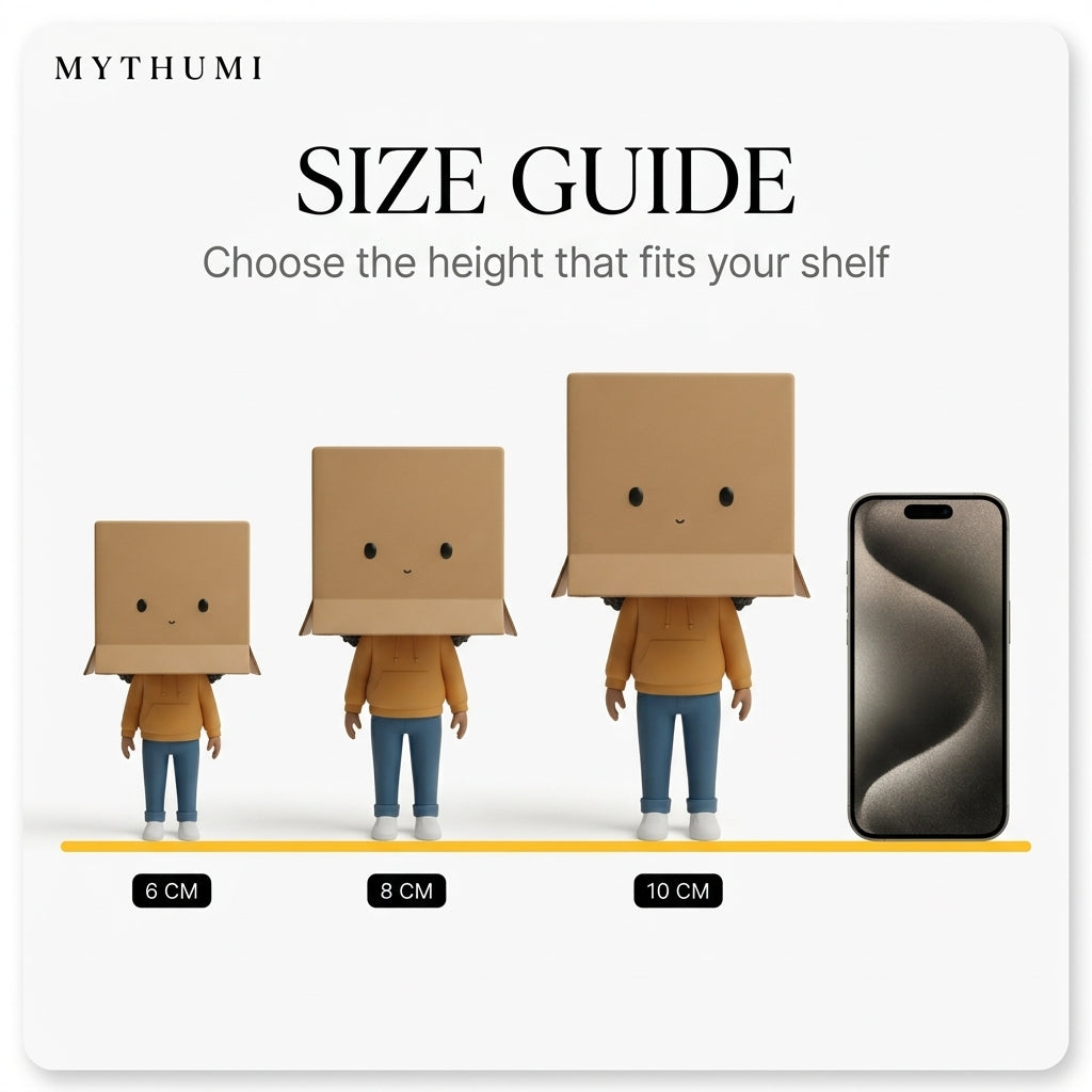 Illustration: size guide showing the helmet doll figurine with an object head at 6, 8 and 10 cm