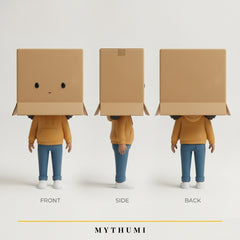 Illustration: front, side and back views of the helmet doll figurine with an object head