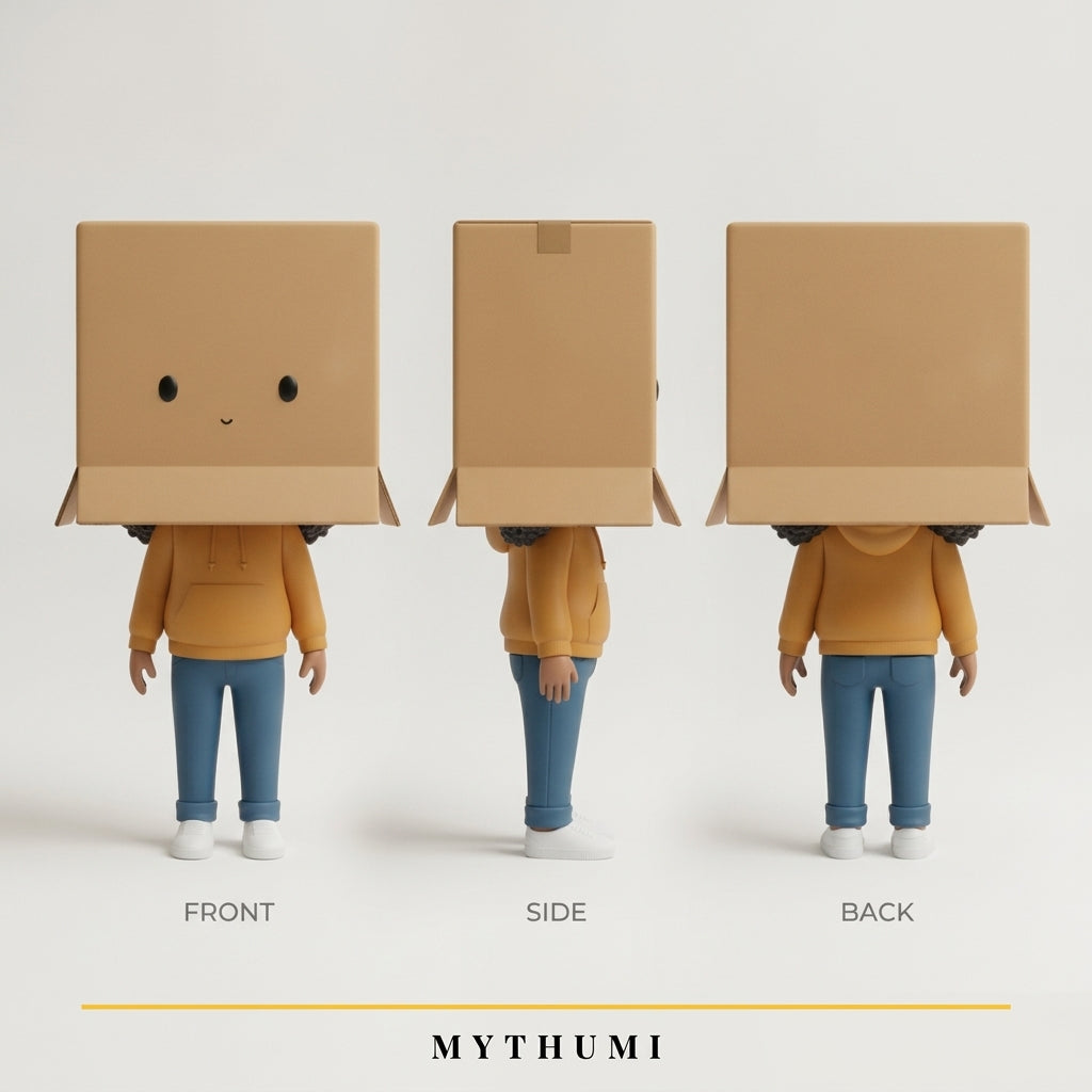 Illustration: front, side and back views of the helmet doll figurine with an object head