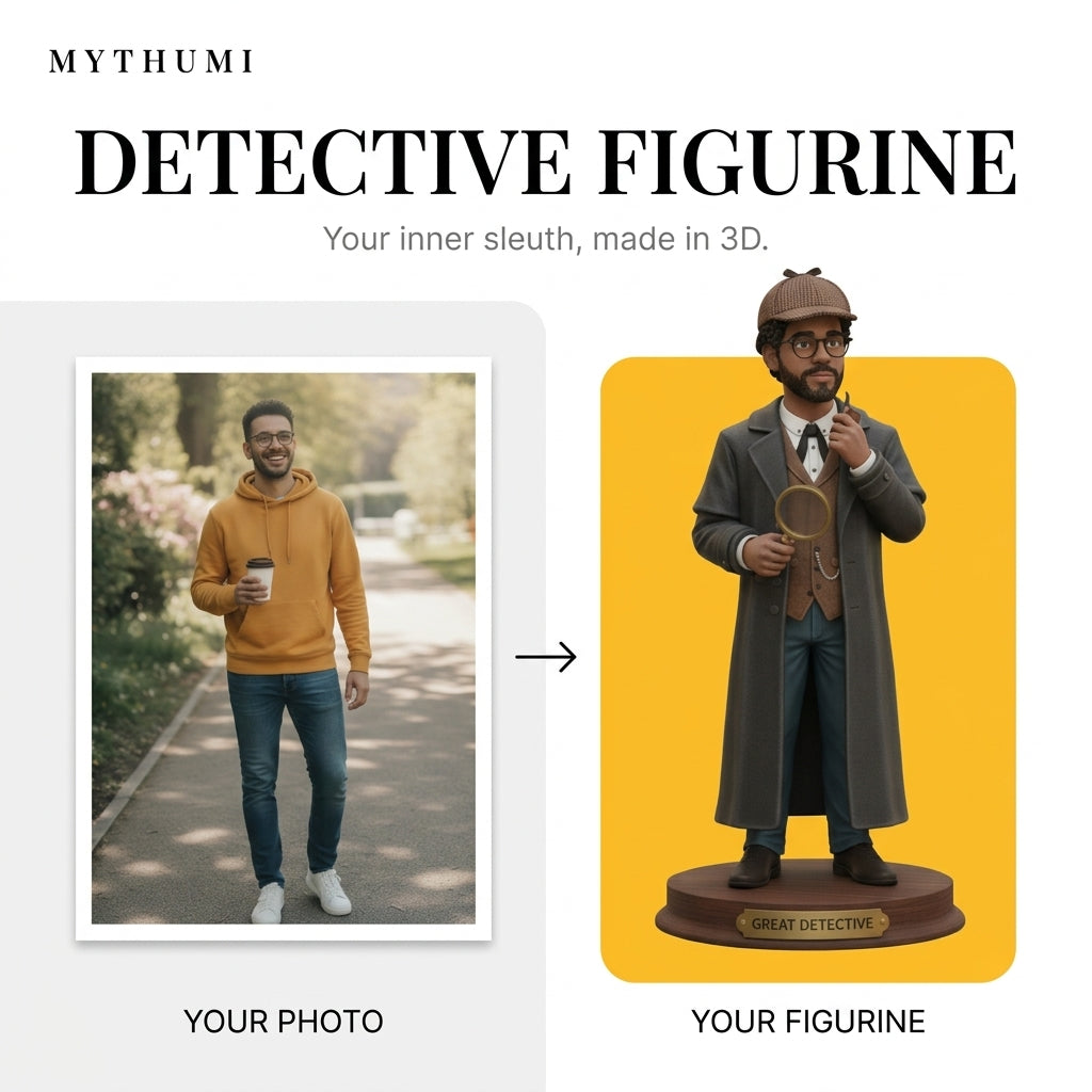 Illustration: before-and-after poster of a photo becoming a Victorian detective figurine