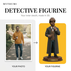 Illustration: before-and-after poster of a photo becoming a Victorian detective figurine