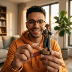 Illustration: a person holding and admiring their Victorian detective figurine at home