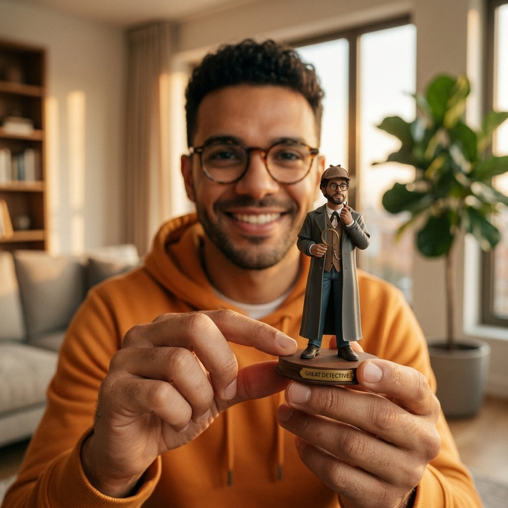 Illustration: a person holding and admiring their Victorian detective figurine at home