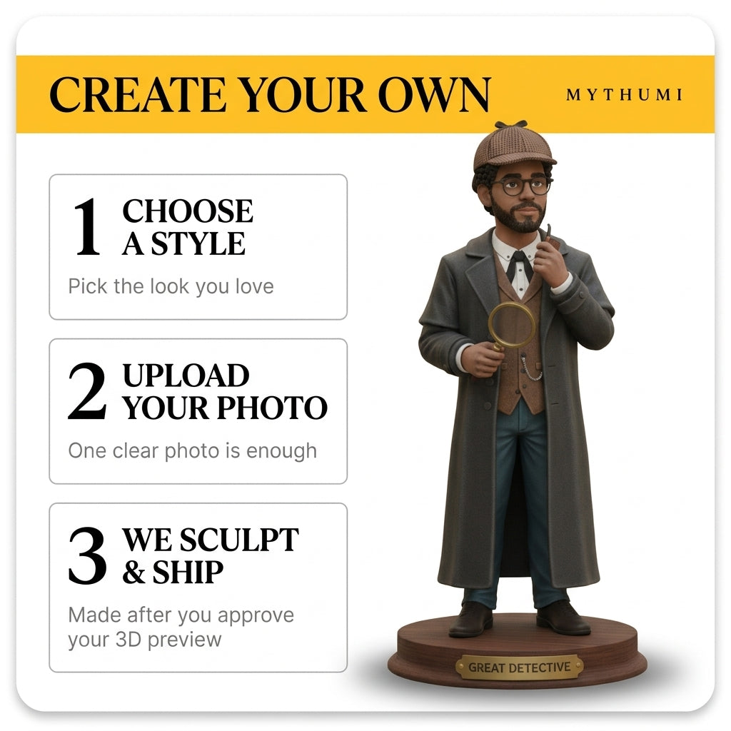 Illustration: three-step poster showing how to order a Victorian detective figurine