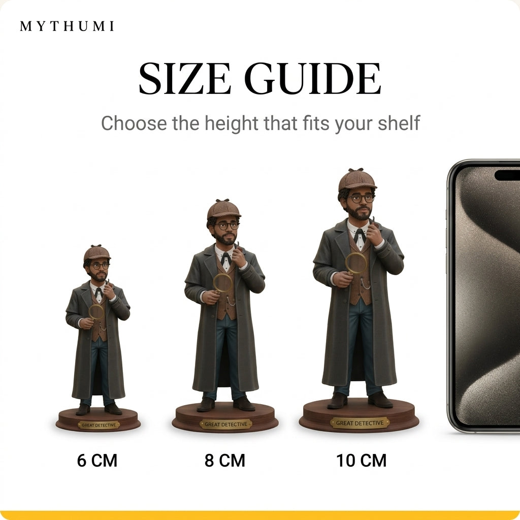 Illustration: size guide showing the Victorian detective figurine at 6, 8 and 10 cm