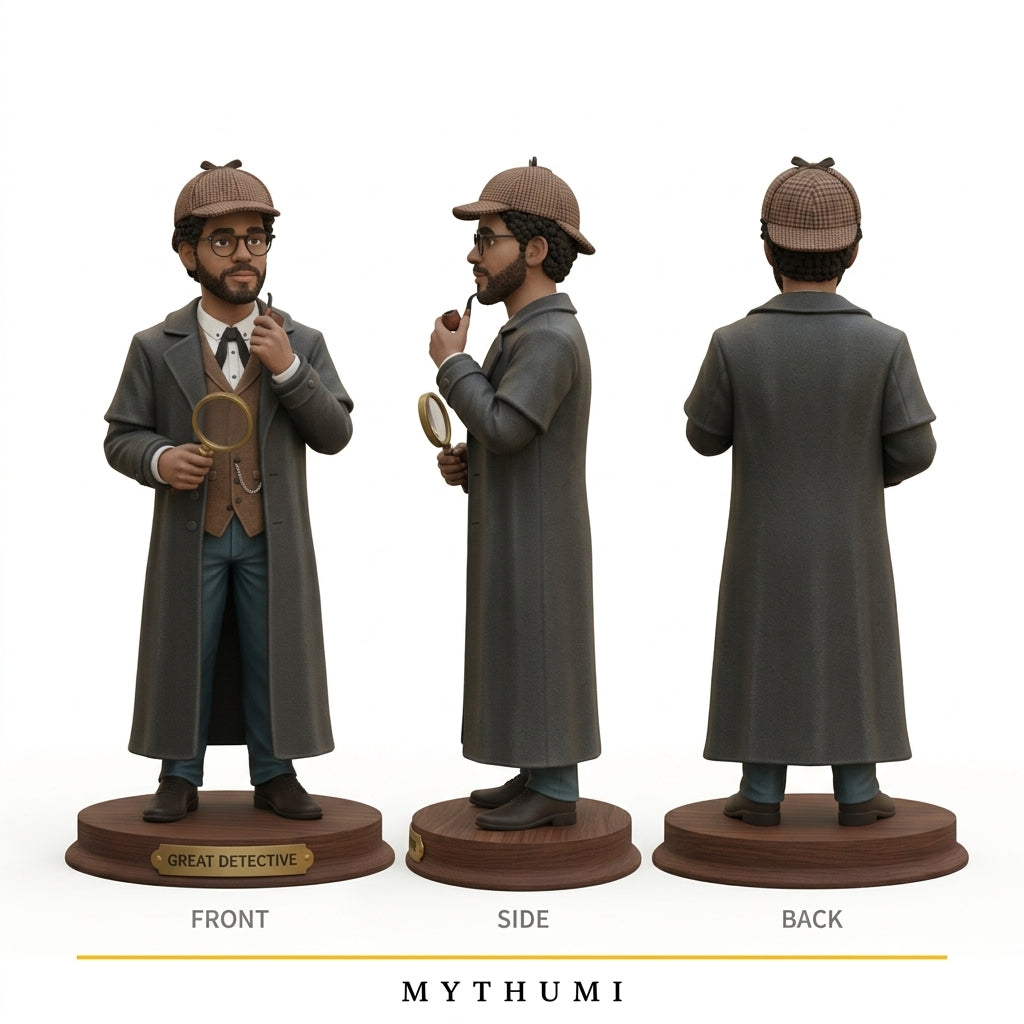 Illustration: front, side and back views of the Victorian detective figurine