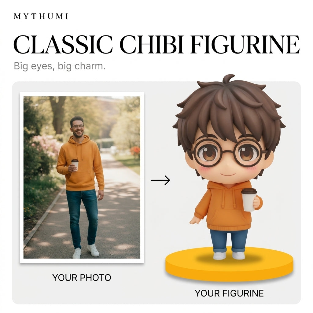 Illustration: before-and-after poster of a photo becoming a big-eyed classic chibi figurine