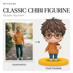 Illustration: before-and-after poster of a photo becoming a big-eyed classic chibi figurine