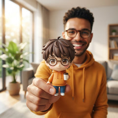 Illustration: a person holding and admiring their big-eyed classic chibi figurine at home