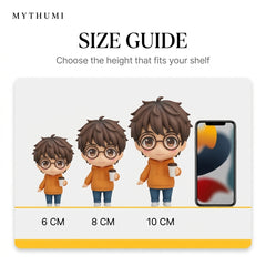 Illustration: size guide showing the big-eyed classic chibi figurine at 6, 8 and 10 cm