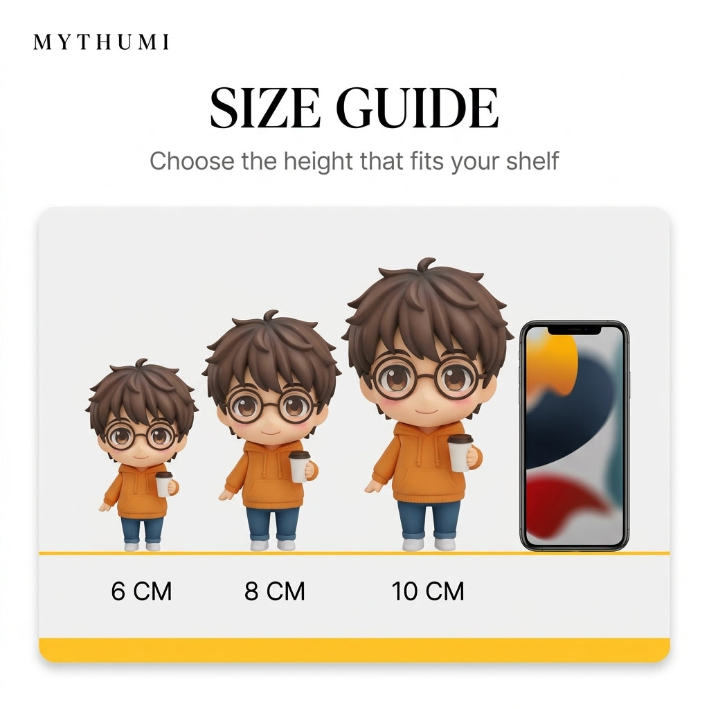 Illustration: size guide showing the big-eyed classic chibi figurine at 6, 8 and 10 cm