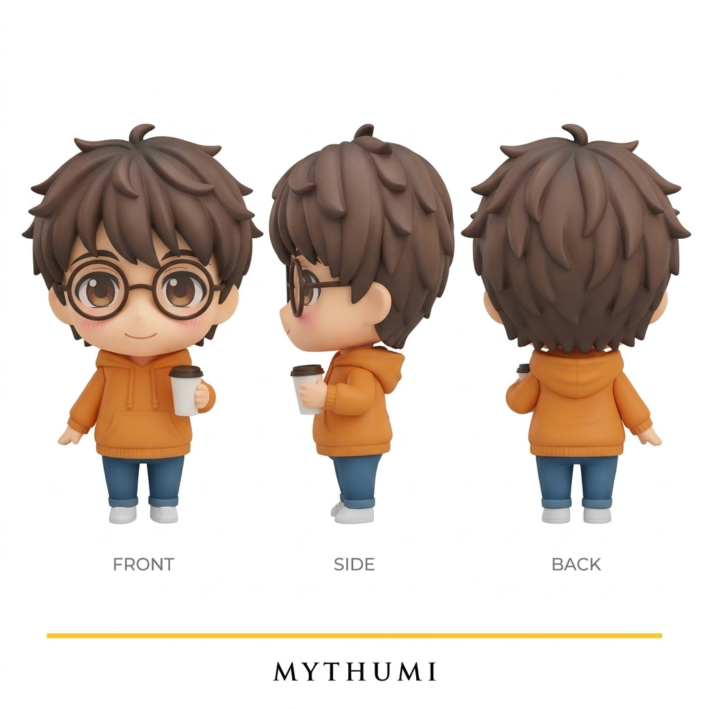 Illustration: front, side and back views of the big-eyed classic chibi figurine