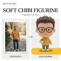Illustration: before-and-after poster of a photo becoming a dot-eyed soft chibi figurine