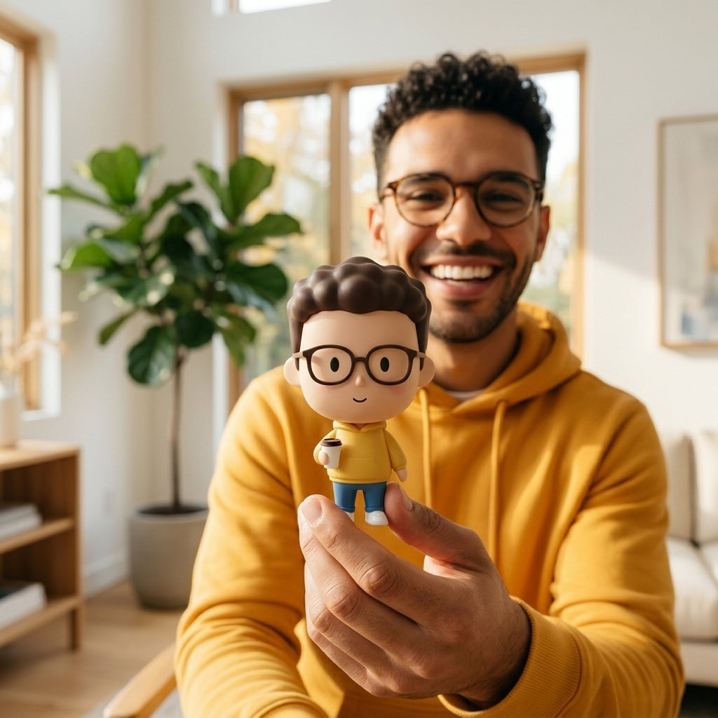 Illustration: a person holding and admiring their dot-eyed soft chibi figurine at home