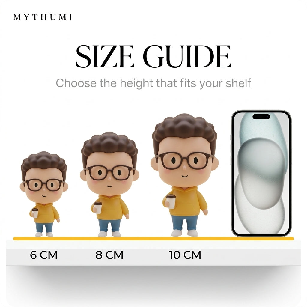 Illustration: size guide showing the dot-eyed soft chibi figurine at 6, 8 and 10 cm