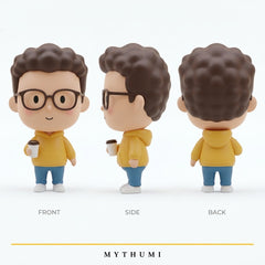 Illustration: front, side and back views of the dot-eyed soft chibi figurine