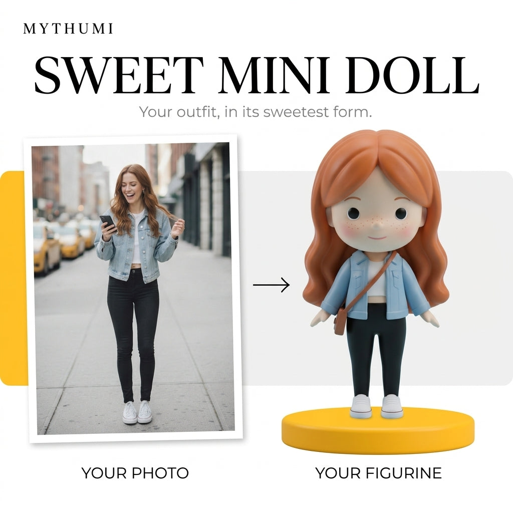 Illustration: before-and-after poster of a photo becoming a round-faced sweet mini doll figurine