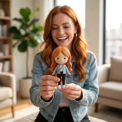 Illustration: a person holding and admiring their round-faced sweet mini doll figurine at home