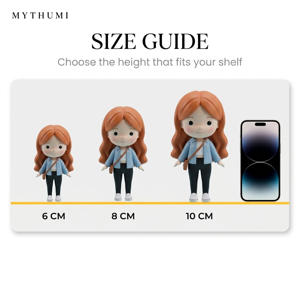 Illustration: size guide showing the round-faced sweet mini doll figurine at 6, 8 and 10 cm