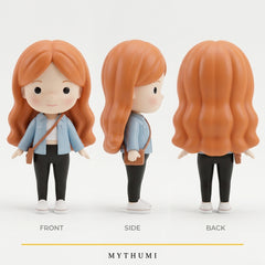 Illustration: front, side and back views of the round-faced sweet mini doll figurine