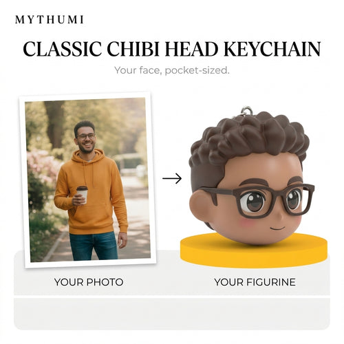 Illustration: before-and-after poster of a photo becoming an anime chibi head keychain