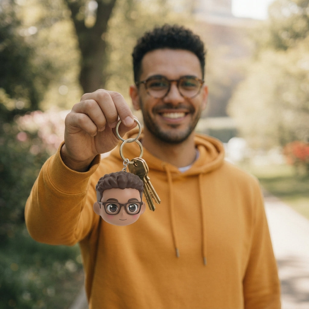Illustration: a person holding up their anime chibi head keychain on a keyring with house keys