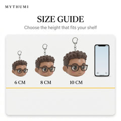 Illustration: size guide showing the anime chibi head keychain at 6, 8 and 10 cm
