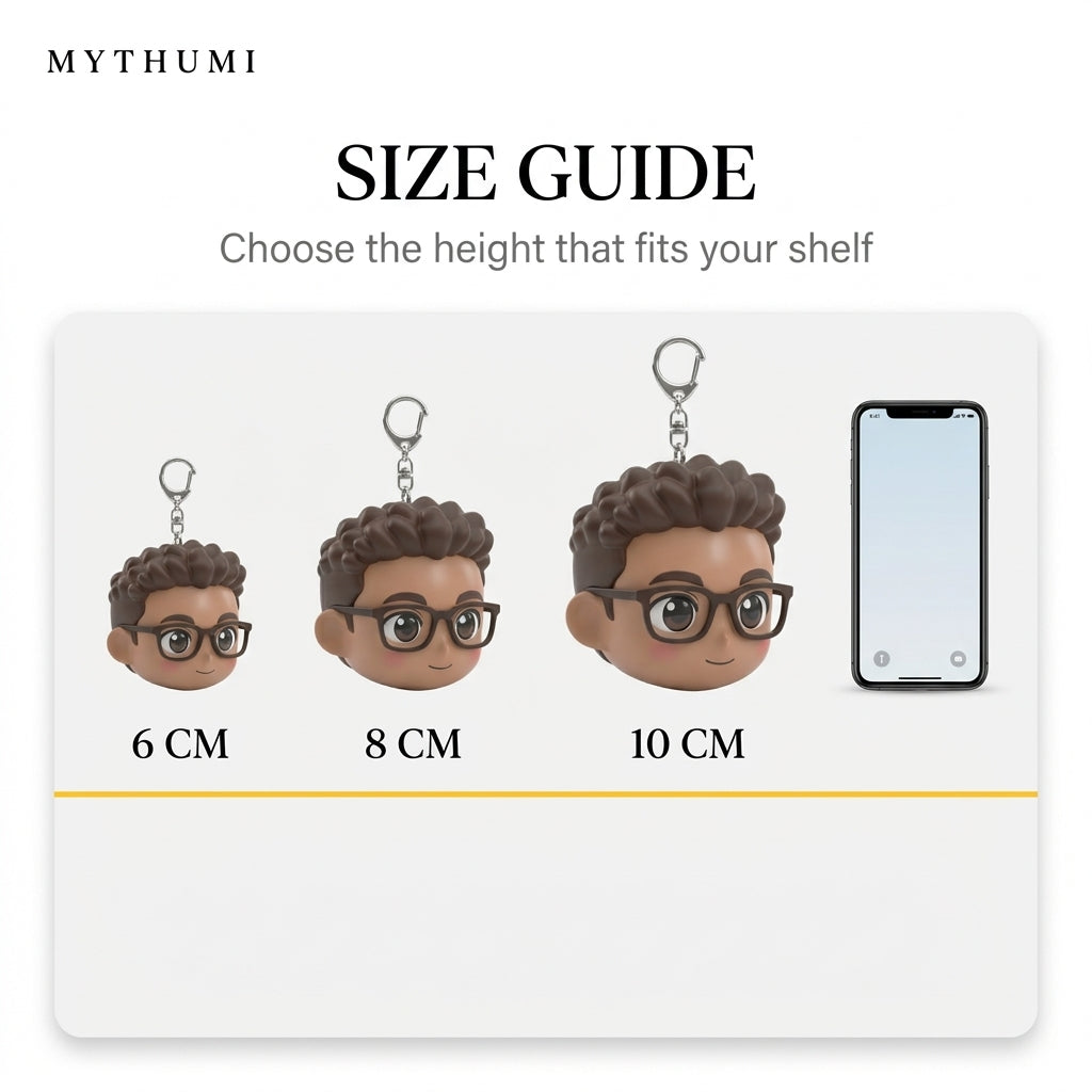 Illustration: size guide showing the anime chibi head keychain at 6, 8 and 10 cm