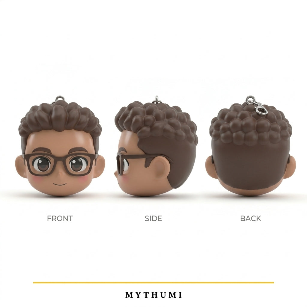 Illustration: front, side and back views of the anime chibi head keychain