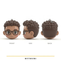 Illustration: front, side and back views of the anime chibi head keychain