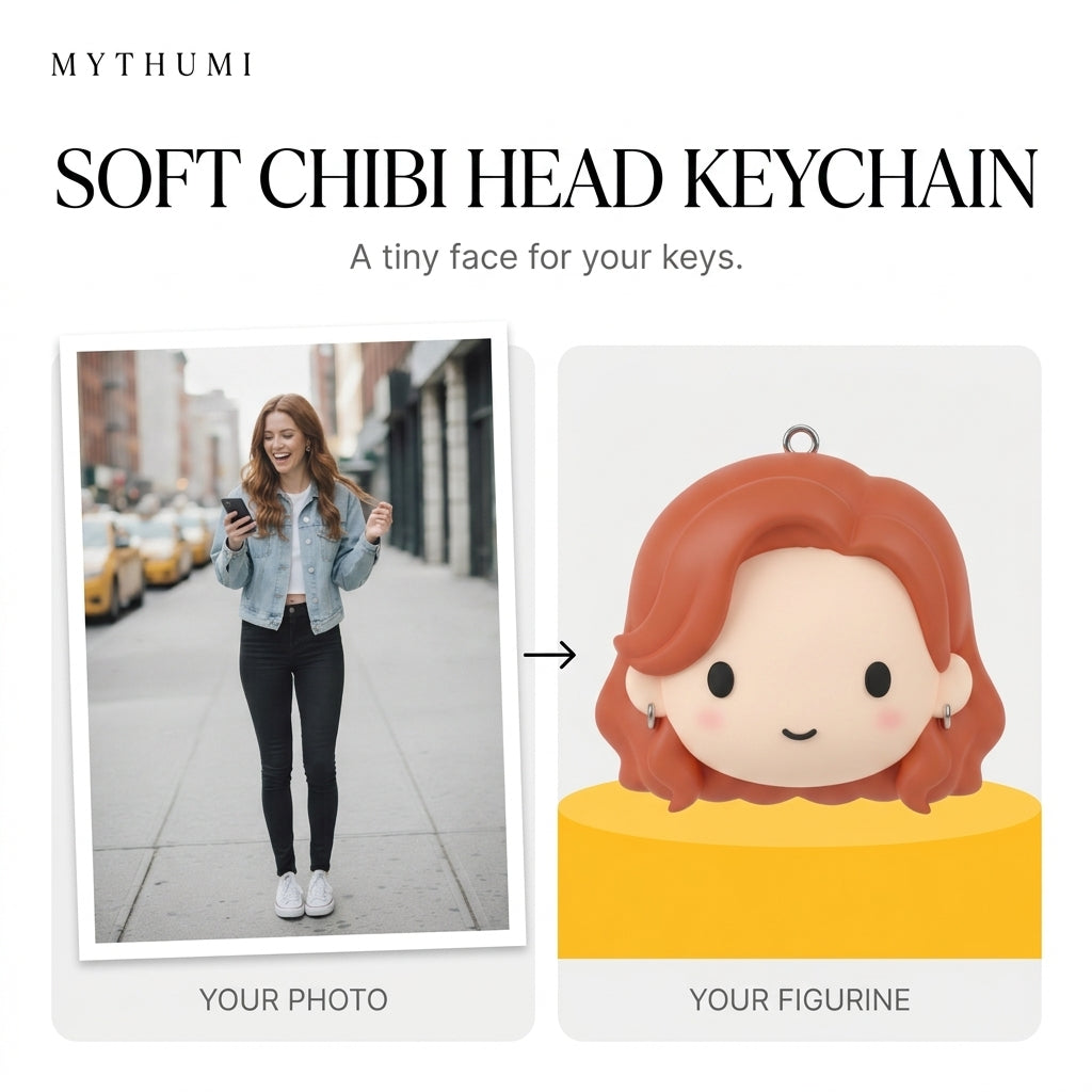 Illustration: before-and-after poster of a photo becoming a minimal soft chibi face keychain