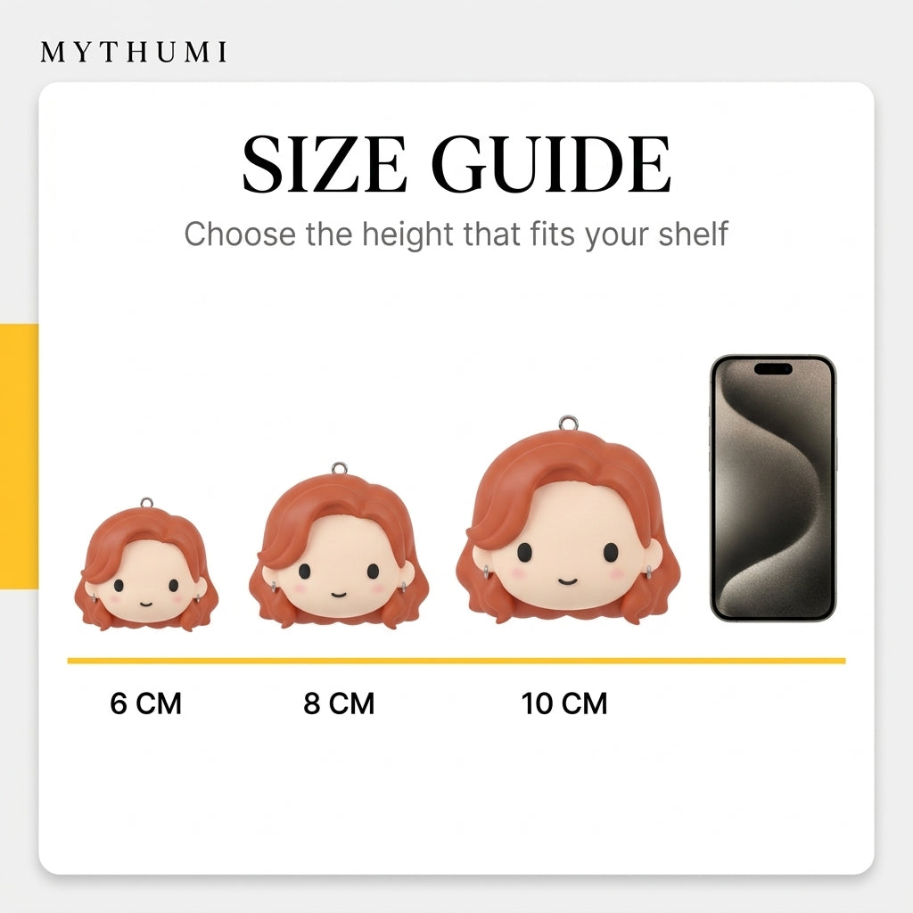 Illustration: size guide showing the minimal soft chibi face keychain at 6, 8 and 10 cm
