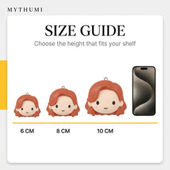 Illustration: size guide showing the minimal soft chibi face keychain at 6, 8 and 10 cm