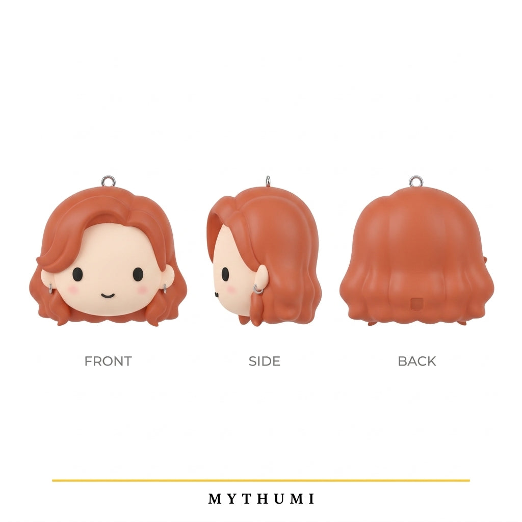 Illustration: front, side and back views of the minimal soft chibi face keychain