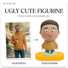 Illustration: before-and-after poster of a photo becoming an ugly-cute figurine with a goofy grin