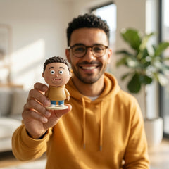 Illustration: a person holding and admiring their ugly-cute figurine with a goofy grin at home