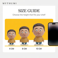 Illustration: size guide showing the ugly-cute figurine with a goofy grin at 6, 8 and 10 cm