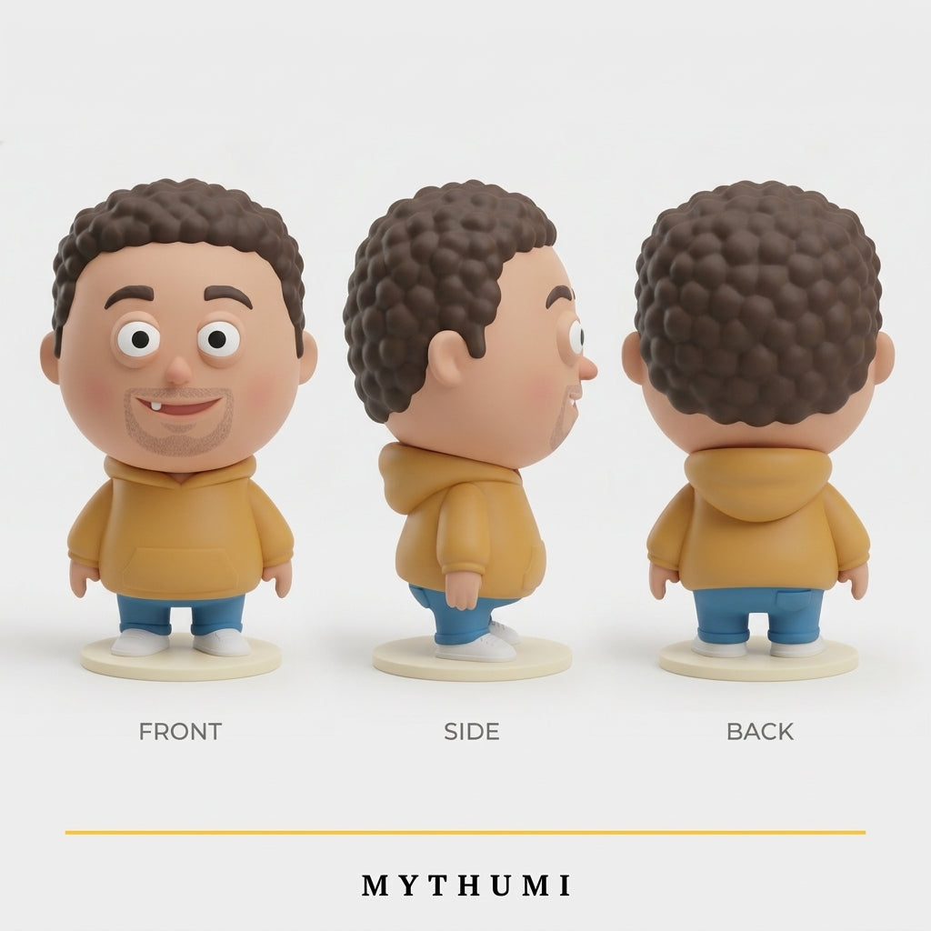 Illustration: front, side and back views of the ugly-cute figurine with a goofy grin