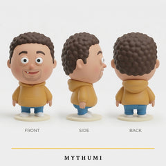 Illustration: front, side and back views of the ugly-cute figurine with a goofy grin