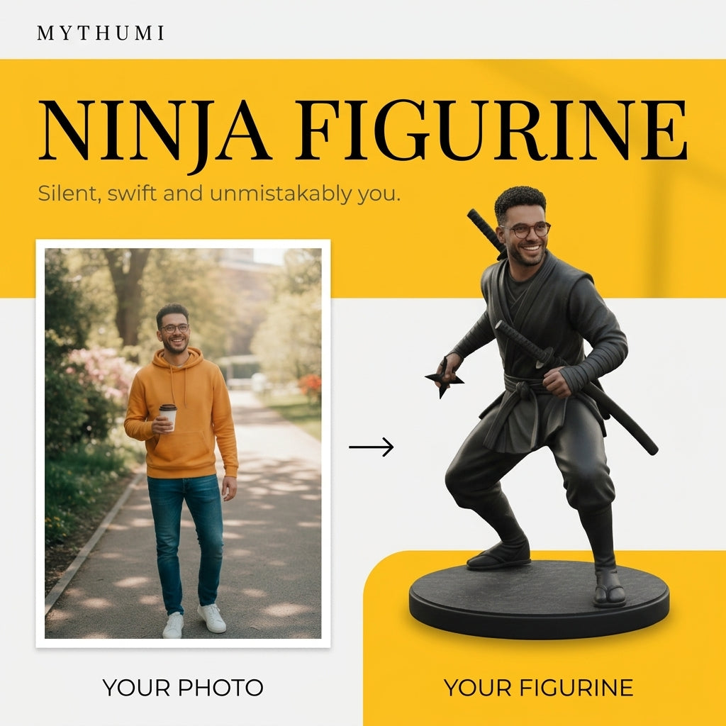 Illustration: before-and-after poster of a photo becoming a shinobi ninja figurine